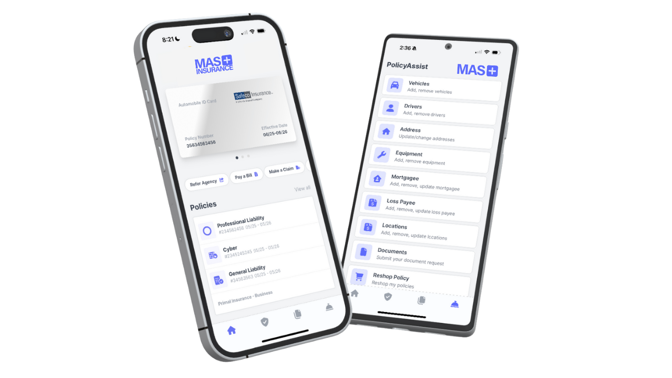 MAS Insurance mobile app displayed on two smartphones